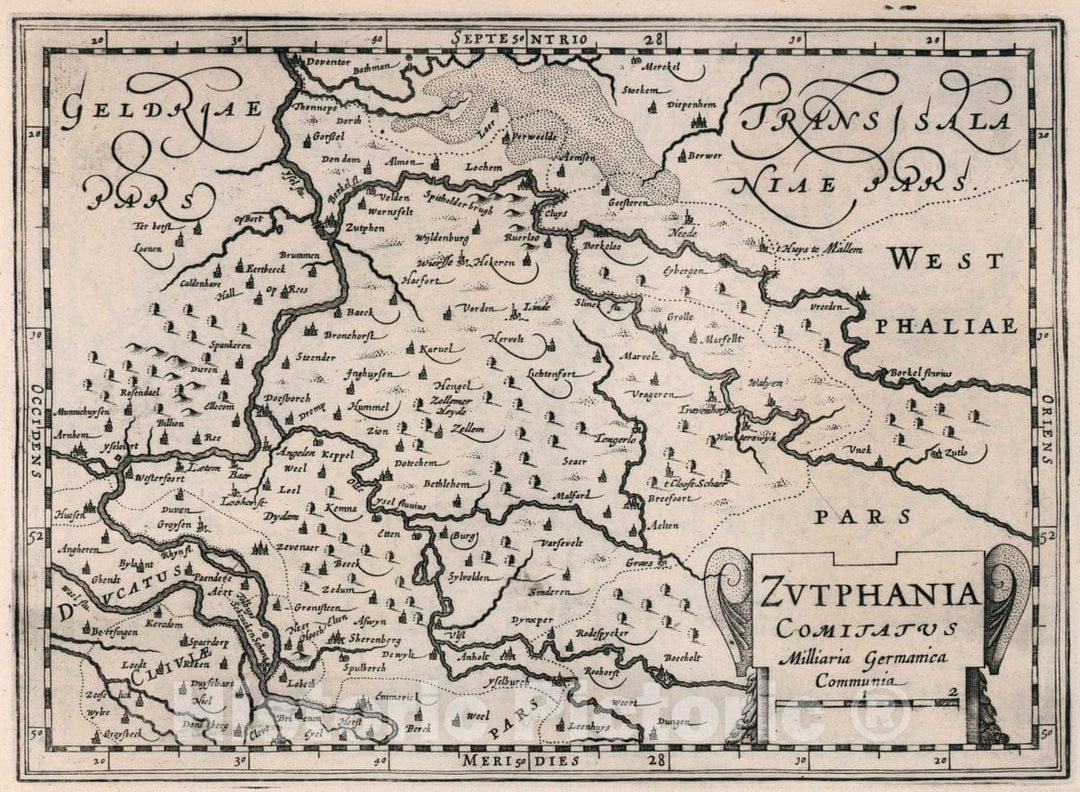 Historic Map : Netherlands, Zvtphania Comitatus. Atlas sive Cosmographicae Meditationes de Fabrica Mundi et fabricati Figura, 1636 Atlas , Vintage Wall Art