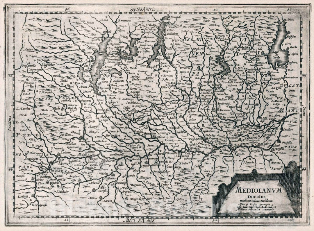 Historic Map : Italy, Mediolanum Ducatus. Atlas sive Cosmographicae Meditationes de Fabrica Mundi et fabricati Figura, 1636 Atlas , Vintage Wall Art