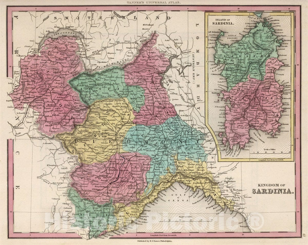 Historic Map : Kingdom of Sardinia, 1842 Atlas - Vintage Wall Art