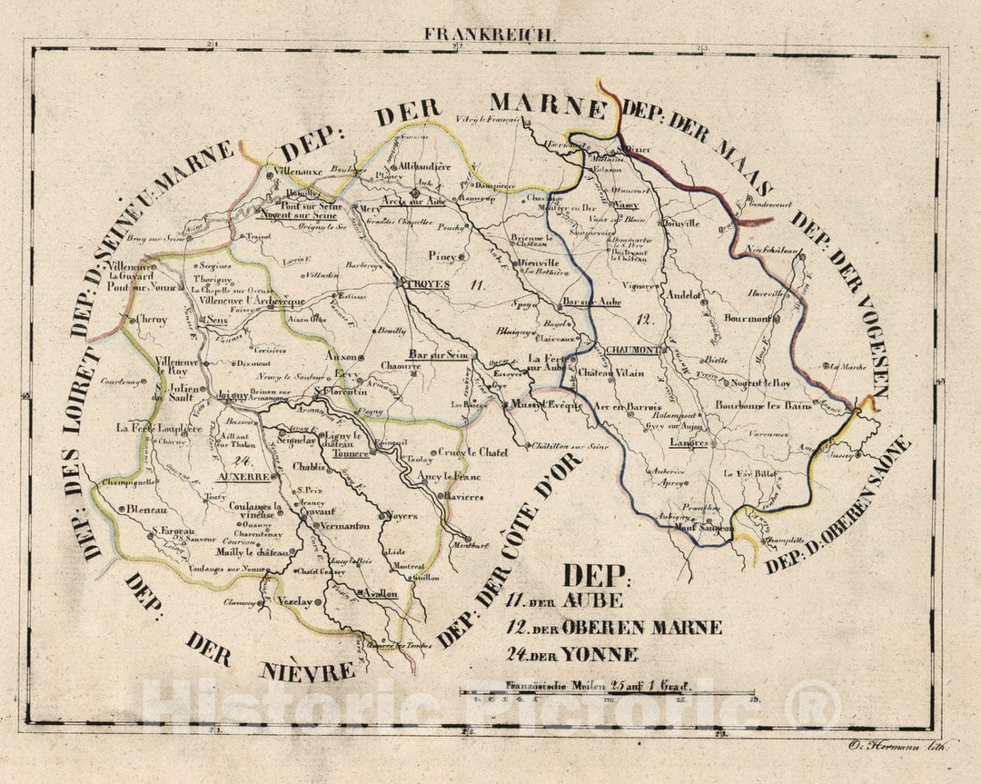 Historic Map : France, V.1:1-5: I: Frankreich. DEP: 11. Der Aube. 12. Der Oberen Marne. 24. Der Yonne, 1825 Atlas , Vintage Wall Art