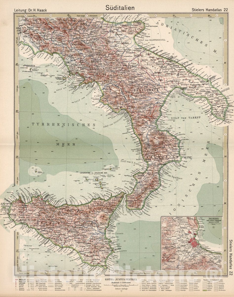 Historic Map : 22. Suditalien. South Italy. (Inset) Palermo, 1925 Atlas - Vintage Wall Art