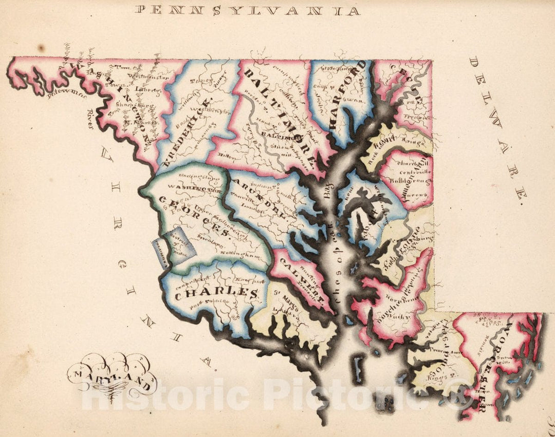 Historic Map : Maryland. (to accompany) Harriet E. Baker's Book of Penmanship & Map. at Mr. Dunham's School Windsor Vermont,1819, 1819 Manuscript Map - Vintage Wall Art