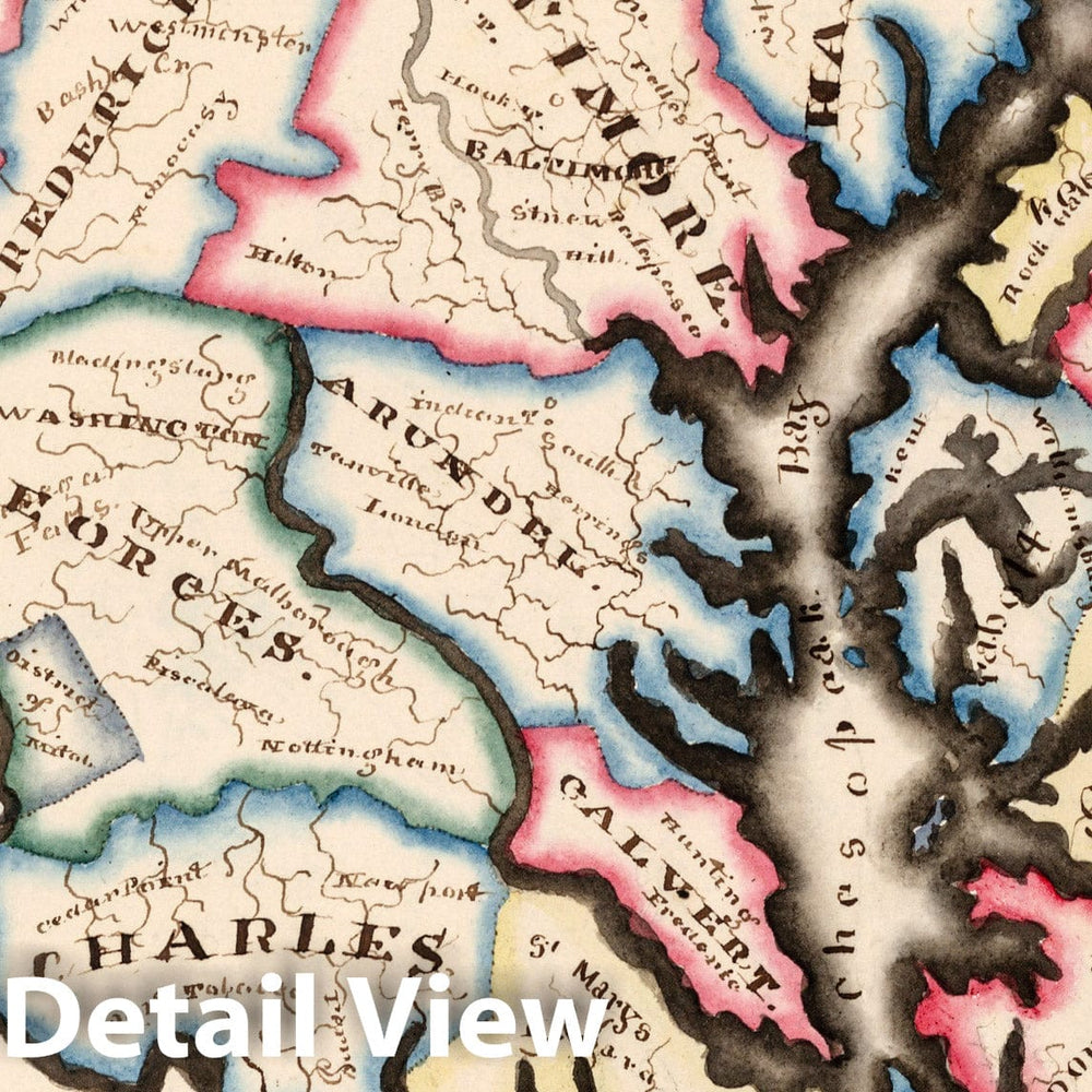 Historic Map : Maryland. (to accompany) Harriet E. Baker's Book of Penmanship & Map. at Mr. Dunham's School Windsor Vermont,1819, 1819 Manuscript Map - Vintage Wall Art