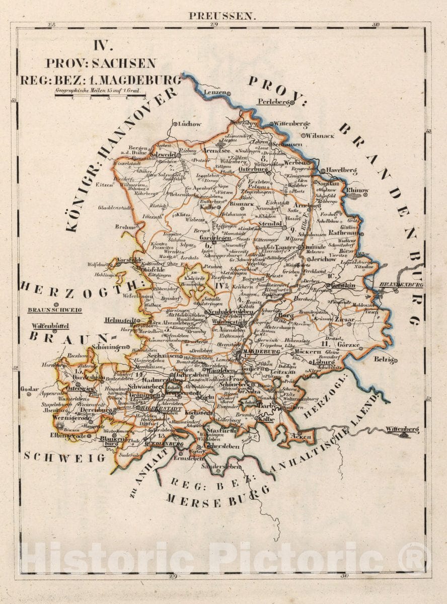 Historic Map : Prussia , Germany, V.2:6-10:IX. Preussen. IV. Prov: Sachsen. Reg: Bez: 1.Magdeburg, 1825 Atlas , Vintage Wall Art