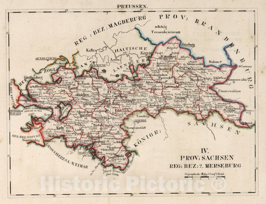 Historic Map : Prussia , Germany, V.2:6-10:IX. Preussen. IV. Prov: Sachsen. Reg: Bez: 2. Merseburg, 1825 Atlas , Vintage Wall Art