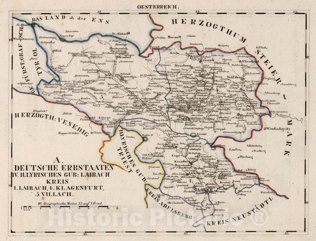 Historic Map : Germany, V.3:11-15:XI:1. Oesterreich. A. Deutsche Erbstaaten. IV. Illyrisches Gub: Laibach Kreis , Vintage Wall Art