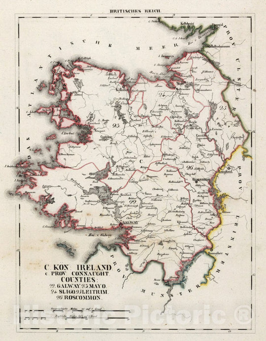 Historic Map : Ireland, V.3:11-15:XV. Britisches Reich. C. Kon: Ireland. c. Prov: Connaught. Counties: 22-26, 1830 Atlas , Vintage Wall Art