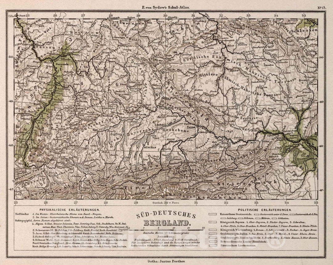 Historic Map : 13. Sued-Deutsches Bergland. Southern Germany, 1872 Atlas - Vintage Wall Art