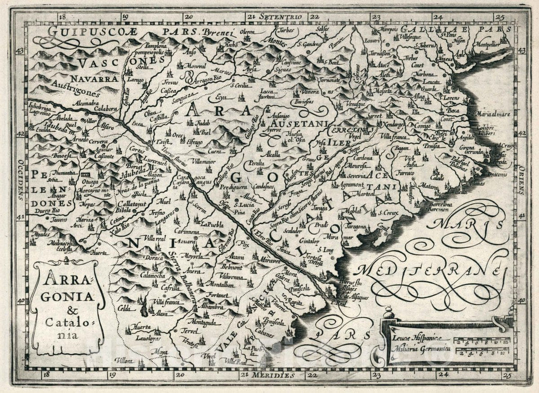 Historic Map : Arragonia & Catalonia. Atlas sive Cosmographicae Meditationes de Fabrica Mundi et fabricati Figura, 1636 Atlas - Vintage Wall Art