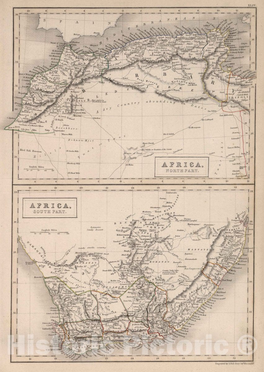 Historic Map : Africa, North Part (Northwest Africa). Africa, South Part (South Africa), 1841 Atlas - Vintage Wall Art