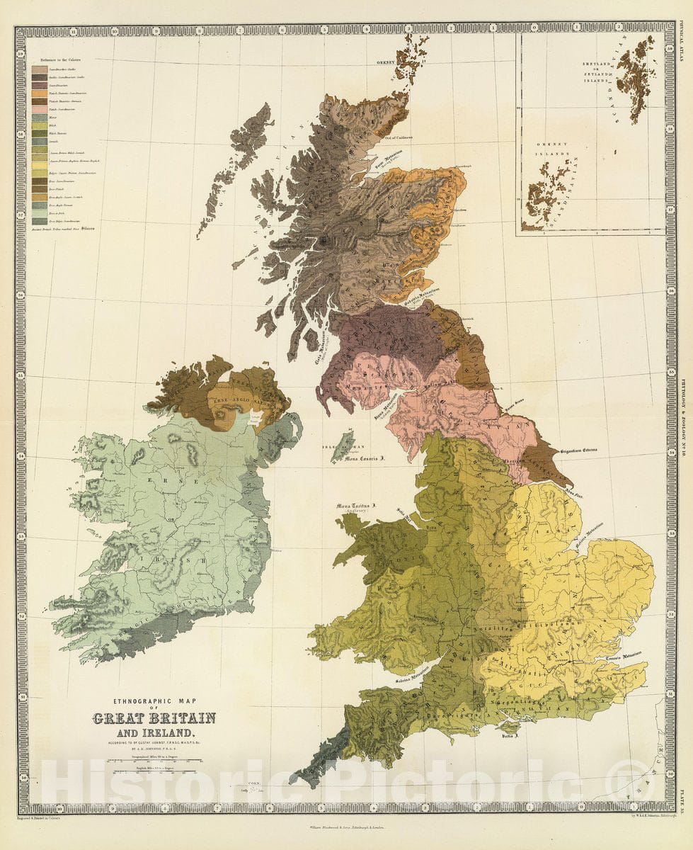 Historic Map : Ethnographic, Gt. Brit., Ireland., 1856, Vintage Wall Decor