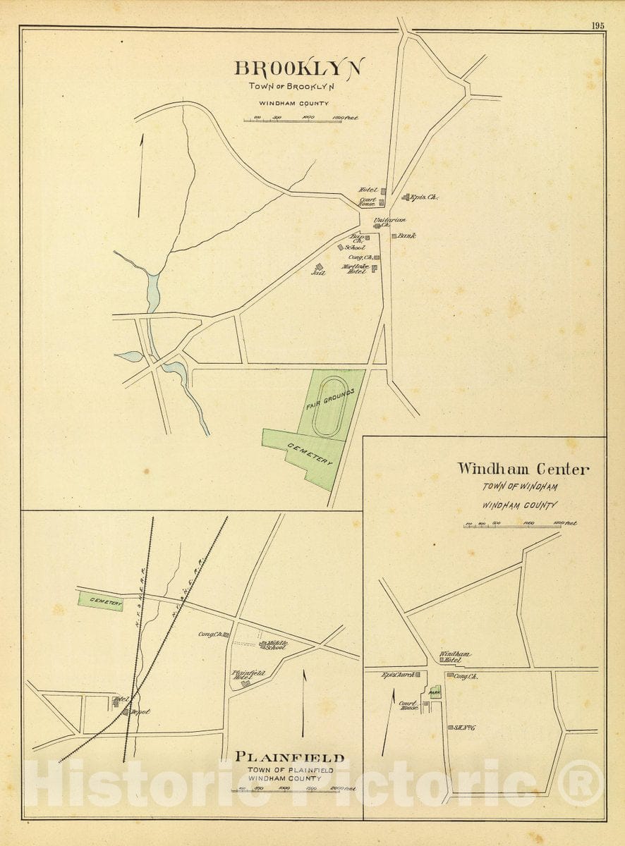 Historic Map : Brooklyn, Plainfield, Windham Center., 1893, Vintage Wall Decor