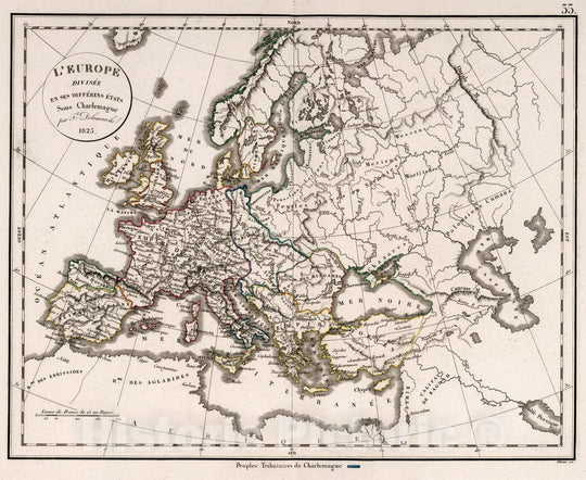 Historic Map : L'Europe Divisee en SES Differens Etats Sous Charlemagne 1925, 1825 Atlas - Vintage Wall Art