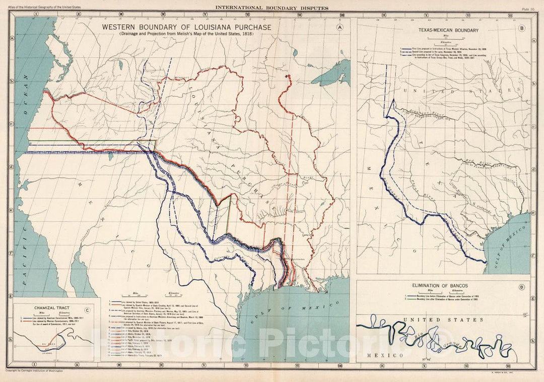 Historic Map : Plate 95. International Boundary Disputes. Louisiana Purchase, Texas-Mexican Boundary, 1932 Atlas - Vintage Wall Art