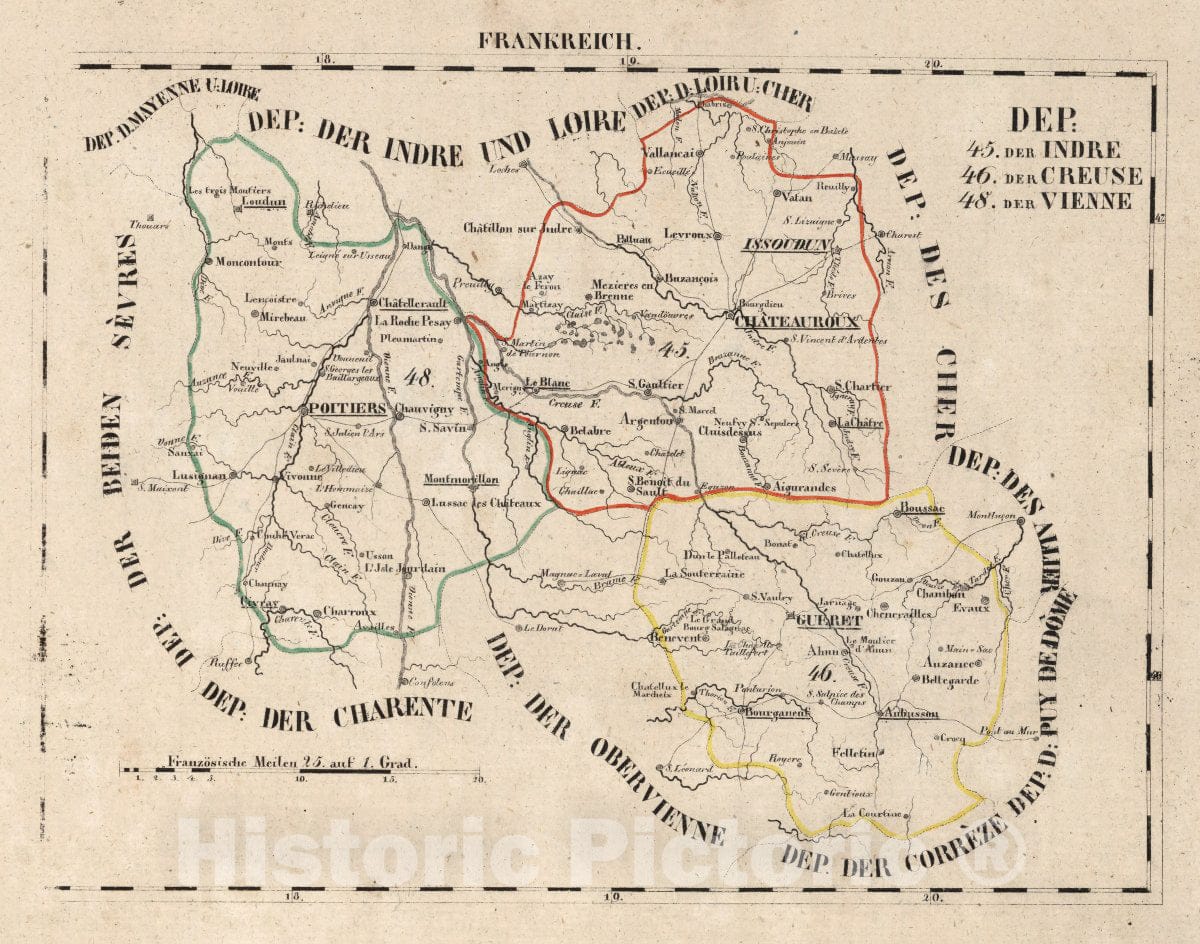 Historic Map : France, V.1:1-5: I: Frankreich. DEP: 45. Der Indre. 46. Der Creuse. 48. Der Vienne, 1825 Atlas , Vintage Wall Art