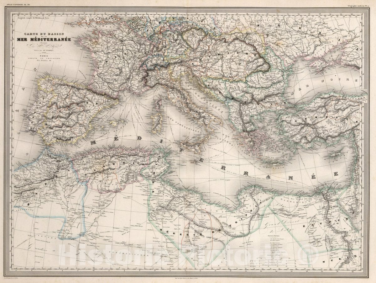 Historic Map : Mediterranean Region Carte du Bassin de la Mer Mediterranee. Pl. 30, 1863 Atlas , Vintage Wall Art