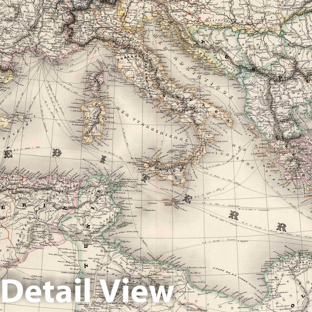 Historic Map : Mediterranean Region Carte du Bassin de la Mer Mediterranee. Pl. 30, 1863 Atlas , Vintage Wall Art