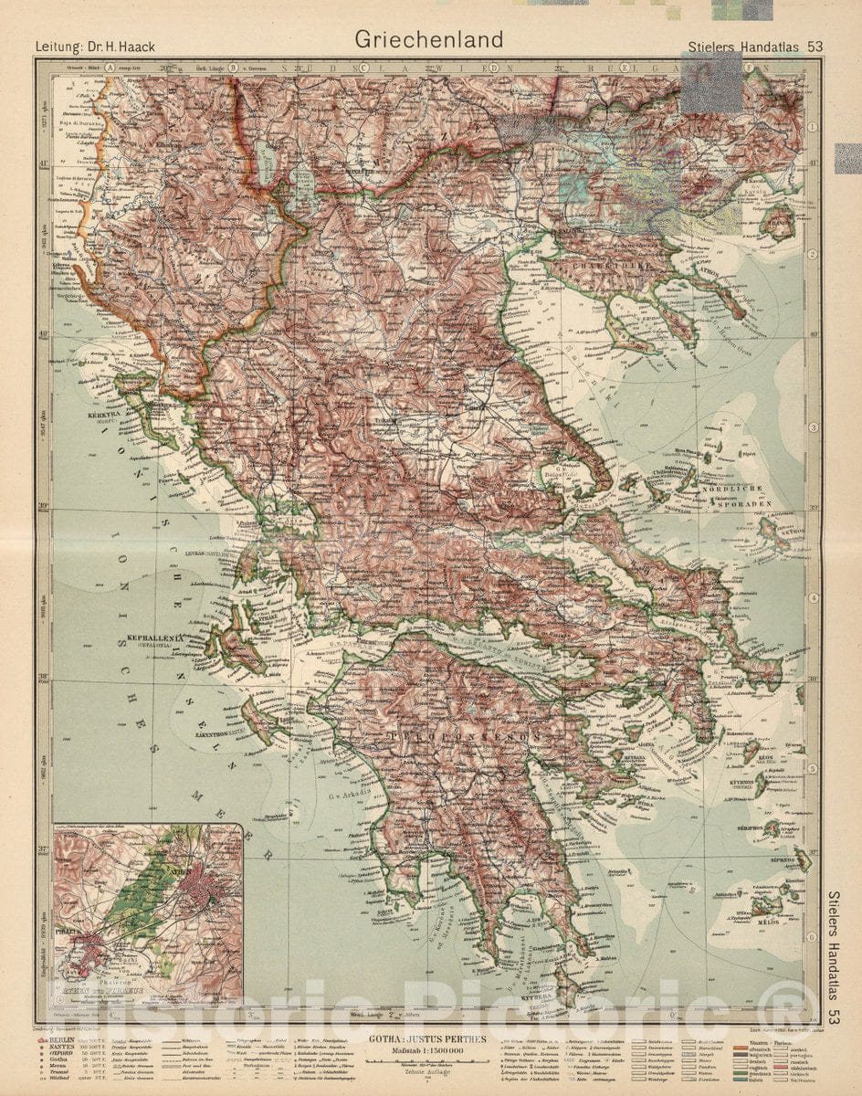 Historic Map : Greece, 53. Griechenland. Greece. (Inset) (Athens.), 1925 Atlas , Vintage Wall Art