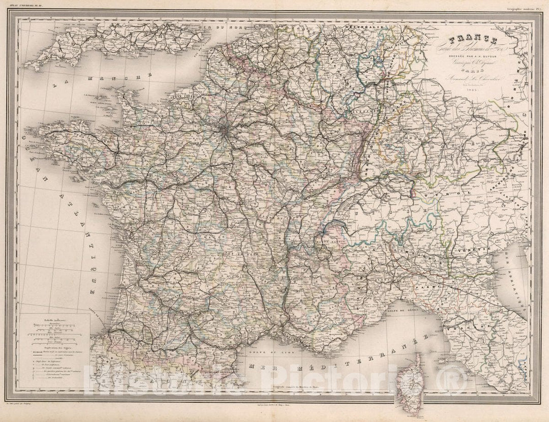 Historic Map : France, France : Carte des chemins de fer. Pl. 16, 1864 Atlas , Vintage Wall Art