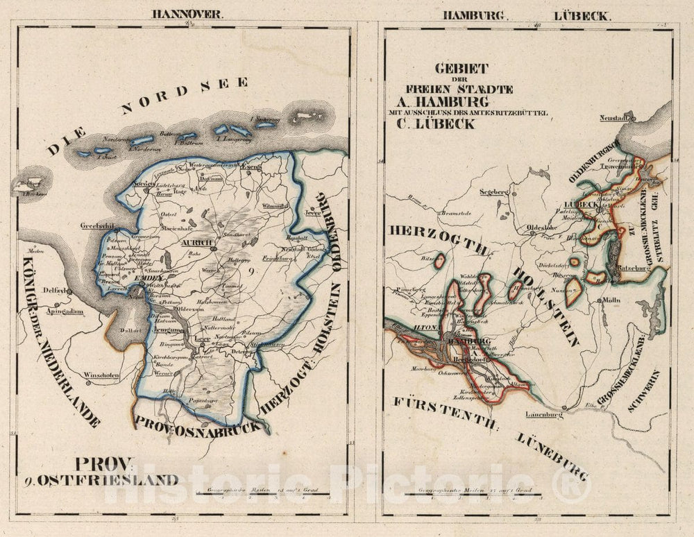 Historic Map : Germany, V. 2:6-10: VII: II.Hanover. Prov: 9. Ostfriesland Hamburg. A. Hamburg. Lubeck, 1825 Atlas , Vintage Wall Art