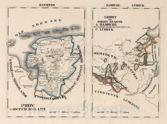 Historic Map : Germany, V. 2:6-10: VII: II.Hanover. Prov: 9. Ostfriesland Hamburg. A. Hamburg. Lubeck, 1825 Atlas , Vintage Wall Art