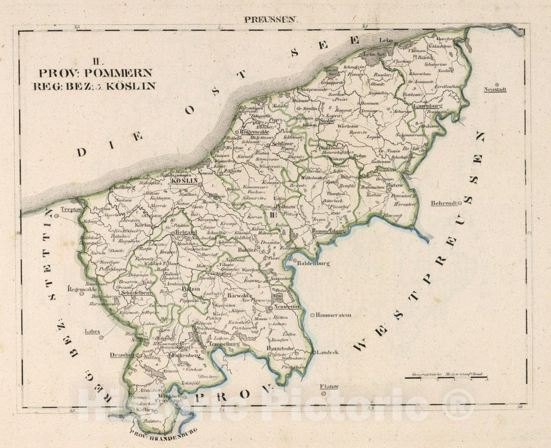 Historic Map : Prussia , Germany, V.2:6-10:IX. Preussen. II. Prov: Pommern. Reg: Bez: 3. Koslin, 1825 Atlas , Vintage Wall Art