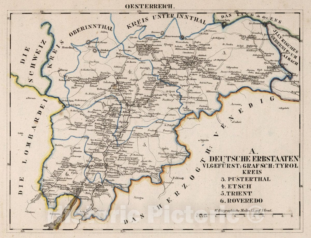 Historic Map : Germany, V.3:11-15:XI:1. Oesterreich. A. Deutsche Erbstaaten. VI. Vlgefurst:Grafscj: Tyrol Kreis, 1828 Atlas , Vintage Wall Art