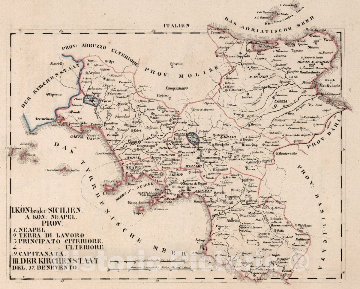 Historic Map : Italy, V.3:11-15:XIV. Italien. I. Kon: beider Sicilien. A. Kon: Neapel. III. Der Kirchenstaa, 1829 Atlas , Vintage Wall Art