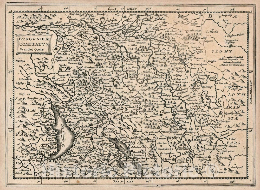 Historic Map : France, Burgundy, France Burgvndiae Comitatvs : Franche Comte, 1636 Atlas , Vintage Wall Art