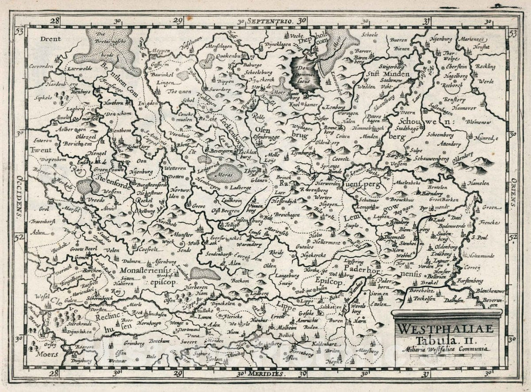 Historic Map : Germany, Westphaliae Tabula II. Atlas sive Cosmographicae Meditationes de Fabrica Mundi et fabricati Figura, 1636 Atlas , Vintage Wall Art