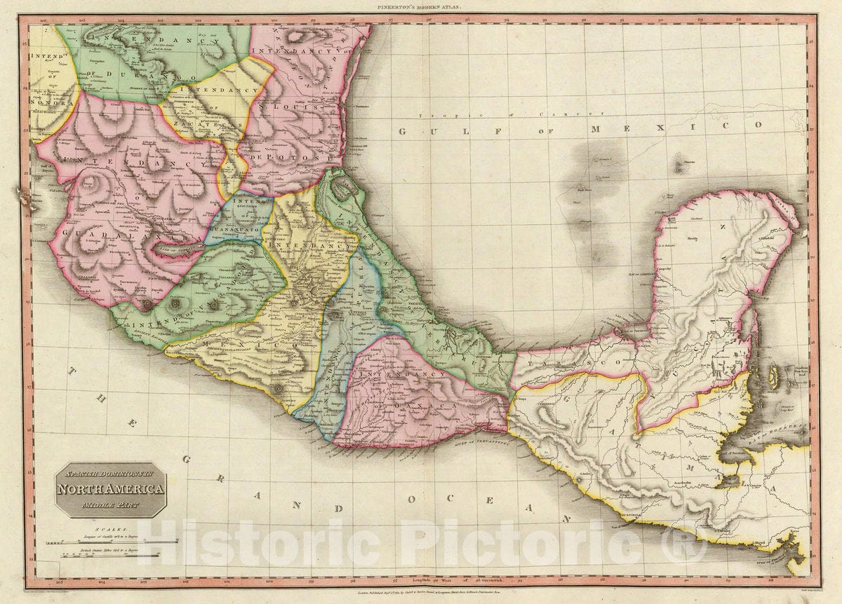 Historic Map - Spanish Dominions In North America Middle Part (Mexico & Yucatan), 1812, John Pinkerton - Vintage Wall Art