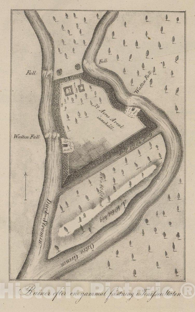 Historic Map : Old Stone Fort (Manchester, Tenn.), Tennessee, Ruiner efter en gammal fastning i Tenessee Staten. , Vintage Wall Art