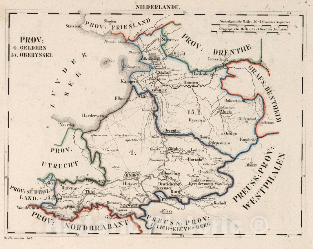 Historic Map : Netherlands, V.1:1-5: V:1. Niederlande: Prov: 4. Geldern. 15. Oberyssel, 1825 Atlas , Vintage Wall Art