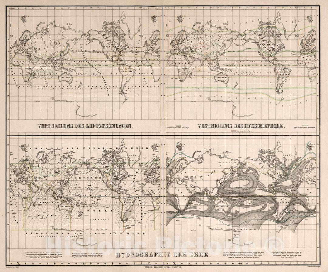 Historic Map : Vertheilung der Luftstromungen. Vertheilung der Hydrometeore. Hydrographie der Erde, 1866 Atlas - Vintage Wall Art