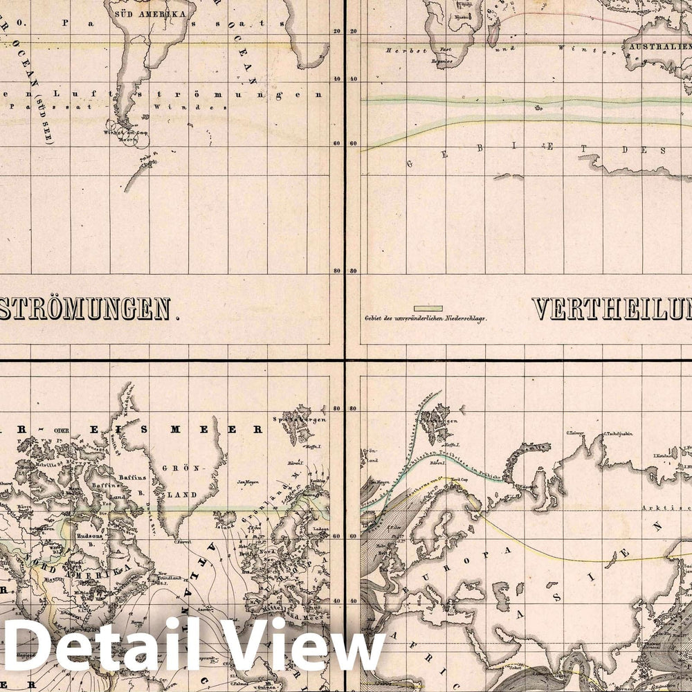 Historic Map : Vertheilung der Luftstromungen. Vertheilung der Hydrometeore. Hydrographie der Erde, 1866 Atlas - Vintage Wall Art