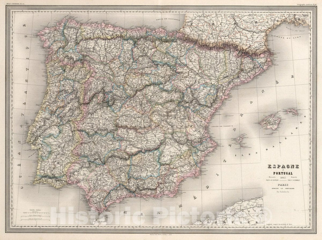 Historic Map : Spain, Espagne & Portugal : Dresse par A.H. Dufour. Gravee par Ch. Dyonnet 1863. Paris, Armand Le Chevalier, Rue Richelieu, 60, 1863, Vintage Wall Art