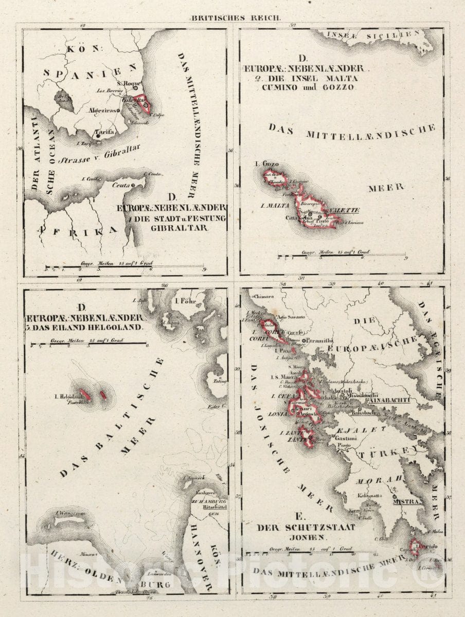 Historic Map : Malta, Gibraltar V.3:11-15:XV. Britisches Reich. D. Europe Nebenlaender, 1830 Atlas , Vintage Wall Art