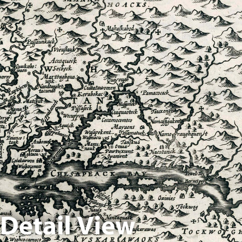 Historic Map : United States, Virginia, , North America Nova Virginiae Tabula. Petrus Kaerius Caelavit, 1636 Atlas , Vintage Wall Art