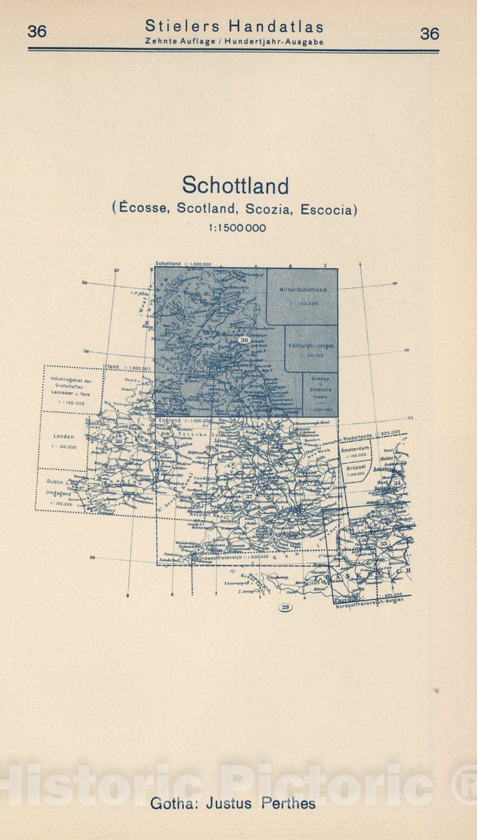 Historic Map : 1925 Index Map: 36. Schottland. Scotland. - Vintage Wall Art