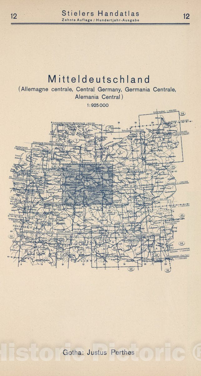 Historic Map : 1925 Index Map: 12. Mitteldeutschland. Central Germany. - Vintage Wall Art