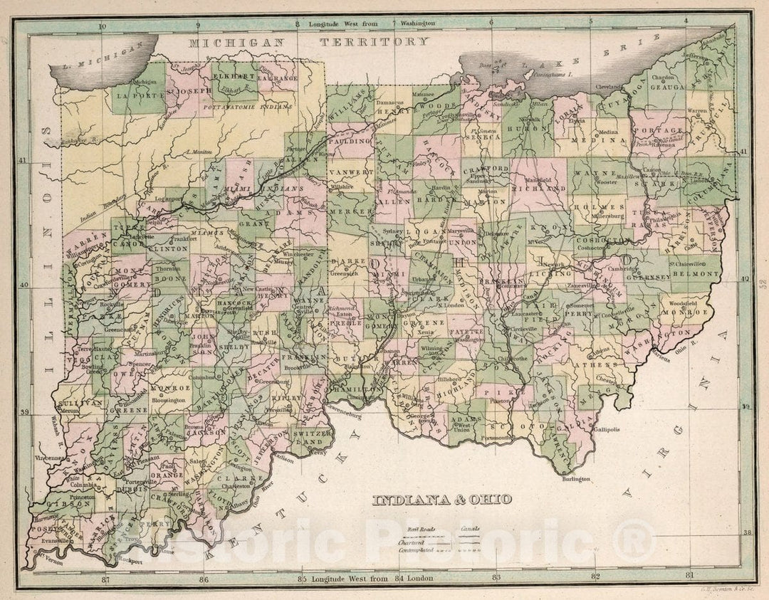 Historic Map : Indiana & Ohio. G.W. Boynton & Co. Sc, 1838 Atlas - Vintage Wall Art