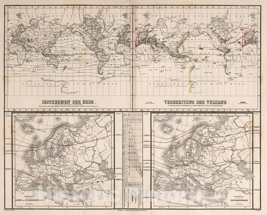 Historic Map : Physikalische Karte, isothermal lines in color, distribution of volcanoes, Prime meridians are Ferro and Paris., 1867, Vintage Wall Decor