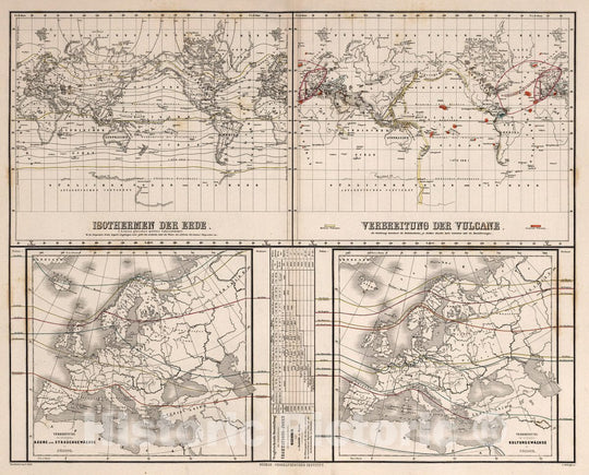 Historic Map : Physikalische Karte, isothermal lines in color, distribution of volcanoes, Prime meridians are Ferro and Paris., 1867, Vintage Wall Decor