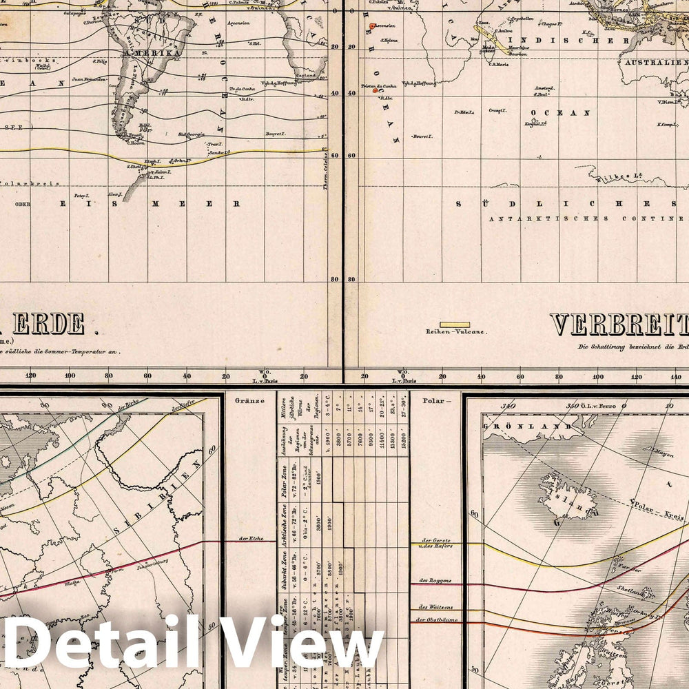 Historic Map : Physikalische Karte, isothermal lines in color, distribution of volcanoes, Prime meridians are Ferro and Paris., 1867, Vintage Wall Decor