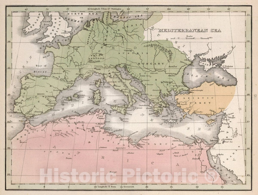 Historic Map : Mediterranean Sea. A Comprehensive Atlas, Geographical, Historical & Commercial, 1838 Atlas - Vintage Wall Art