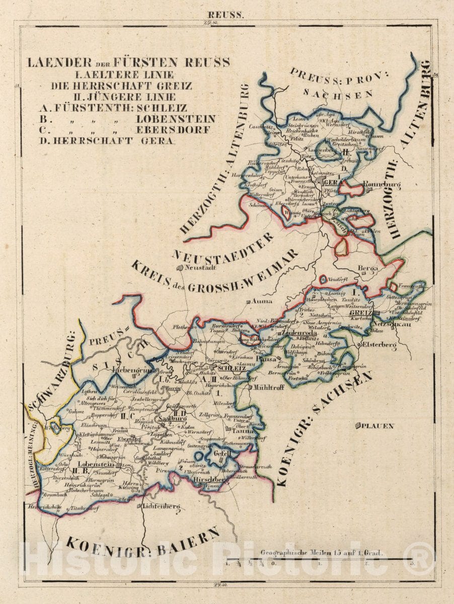 Historic Map : Germany, V.2:6-10:VIII. Parts: XVIII. Reuss. Laender der Fursten Reuss, 1825 Atlas , Vintage Wall Art