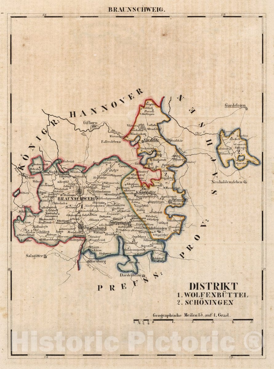 Historic Map : Germany, V. 2:6-10: VII: Braunschweig. 1. Distrikt: 1. Wolfenbuttel. 2. Schoningen, 1825 Atlas , Vintage Wall Art