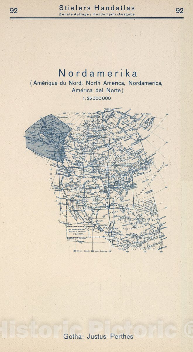 Historic Map : 1925 Index Map: 92. Nordamerika. North America. - Vintage Wall Art