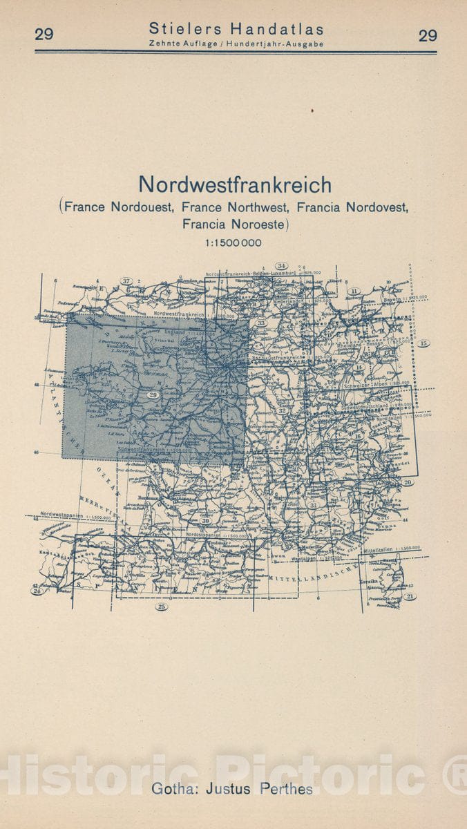 Historic Map : 1925 Index Map: 29. Nordwestfrankreich. France Northwest. - Vintage Wall Art