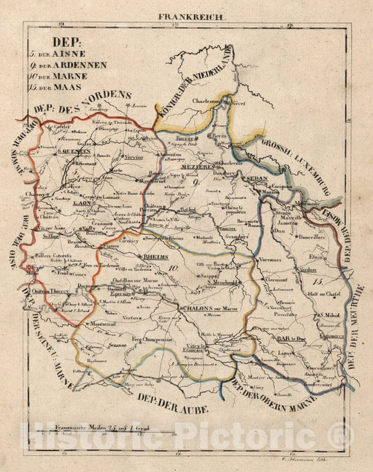 Historic Map : France, V.1:1-5: I: Frankreich. DEP: 5. Der Aisne. 9. Der Ardennen. 10. Der Marne. 15. Der Mass, 1825 Atlas , Vintage Wall Art